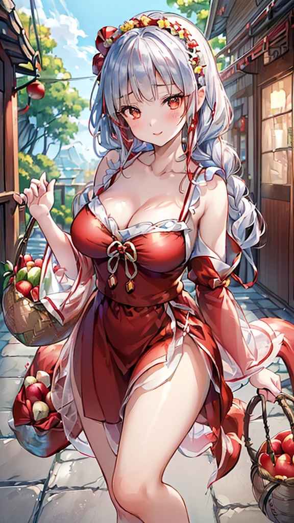 (ukiyoe painting:1.3),(3D Animation:1.3),(fantasy inspired costumes),(Grimm fairy tale world),(Little Red Riding Hood,Little Red Riding Hood,red riding hood:1.3),(farmhouse entrance:1.3),(red little red riding hood:1.3),(((Red Tunic:1.3))),(((apples and bread in the basket),Cute and beautiful girl,Cute round face,Cute smile,with blush cheeks,Red Lip,(silver white hair,Floral braided headband,half up、Floral Braided Space Van,Voluminous Fishtail Braids,Twisted chignon,),(Bangs are see-through bangs),hair pin,hair adornments,detailed clothes features,Detailed hair features,detailed facial features,(Dynamic angles),(Dynamic and sexy poses),clothes that emphasize big breasts,Cinematic Light,(masutepiece,top-quality,Ultra-high resolution output image,depth of fields,intricate detailes,Make the subject look three-dimensional with the contrast of light and shadow,) ,(The 8k quality,Anatomically accurate facial structure,),(Sea Art 2 Mode:1.3),(Image Mode Ultra HD,)