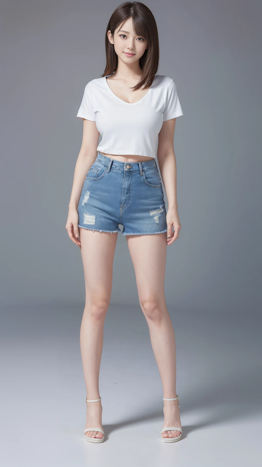 (Full body shot:1.3),Japanese, Female, Single, Shorts, Big Tits, cleavage, Girl posing in Short Sleeves and tight denim skirt, Realistic, Top Quality, High Resolution, Photo,slim figure, long legs, white sandals, slim girl model, beautiful 24 year old female model, white background, brown hair,Half Smile,cropped t-shirt