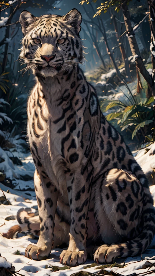 (best quality,16k,32k,highres,masterpiece:1.2),ultra-detailed,(realistic,photorealistic,photo-realistic:1.37),(The ultimate Orochi snow Leopard) glowing red eyes realistic fire background of totally destroyed Forest alone looking at the camera serious expression.