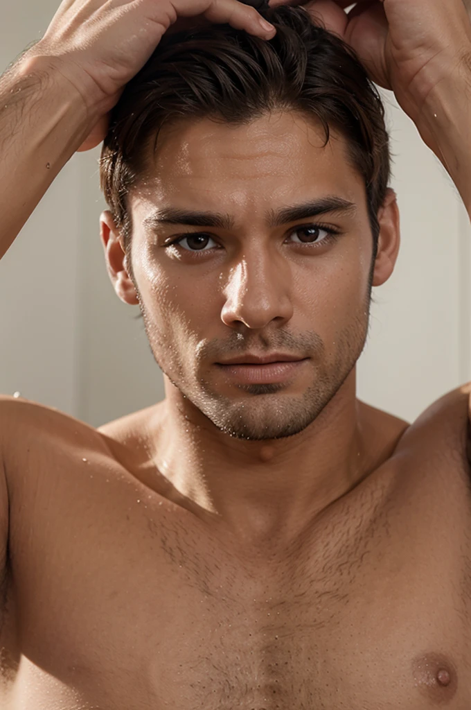 A close up of a man naked getting hard