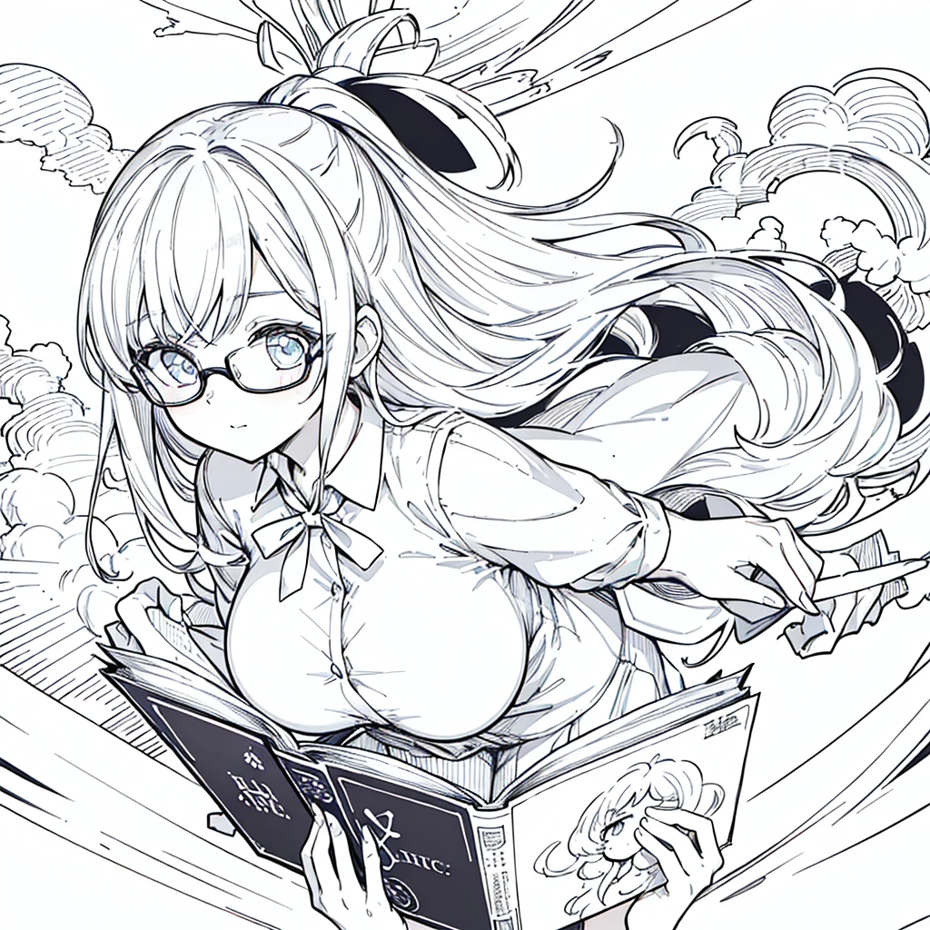 A girl,close up, wearing white shirt, reading a book, (best quality:1.3), (highres:1), (detailed:1.3), (incredible:1.3), (perfect:1.3), (perfection:1.3), (illustration:1.3), she's getting fun while reading it, dynamic on scene,Big Breasts、Glasses