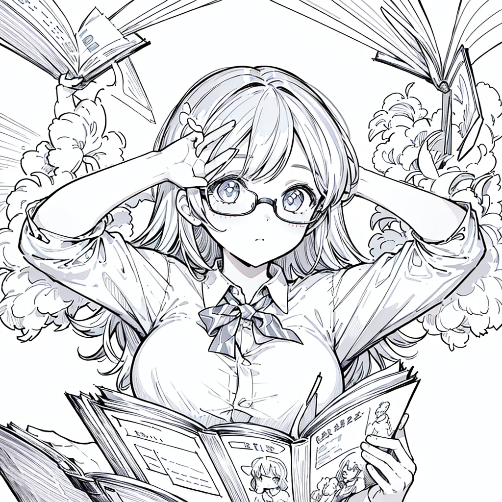 A girl,close up, wearing white shirt, reading a book, (best quality:1.3), (highres:1), (detailed:1.3), (incredible:1.3), (perfect:1.3), (perfection:1.3), (illustration:1.3), she's getting fun while reading it, dynamic on scene,Big Breasts、Glasses