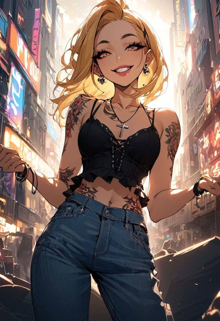 1 girl, Holo-Punk style, hair blonde, aretes, eyelash, ssmile, beachfront, jewerly, lips, make up, cross necklace, chemise, shorth hair, manga curta, ssmile, standing alone, t-chemise, tatoo, large breasted, teeths, denim trousers, black chemise, Fake Falcon, punk aesthetic, cinematic angle, foreshortening, tenebrosa, tenebrosa background, cinematic lighting, work of art, best qualityer ,