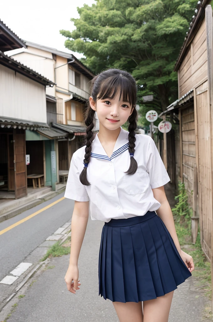 girls in old-Japanese town on school trips,white sailor shirt,navy blue pleated skirt,18-year-old,bangs,a little smile,thighs,knees,short hair with low pigtails bunches,from below,front light