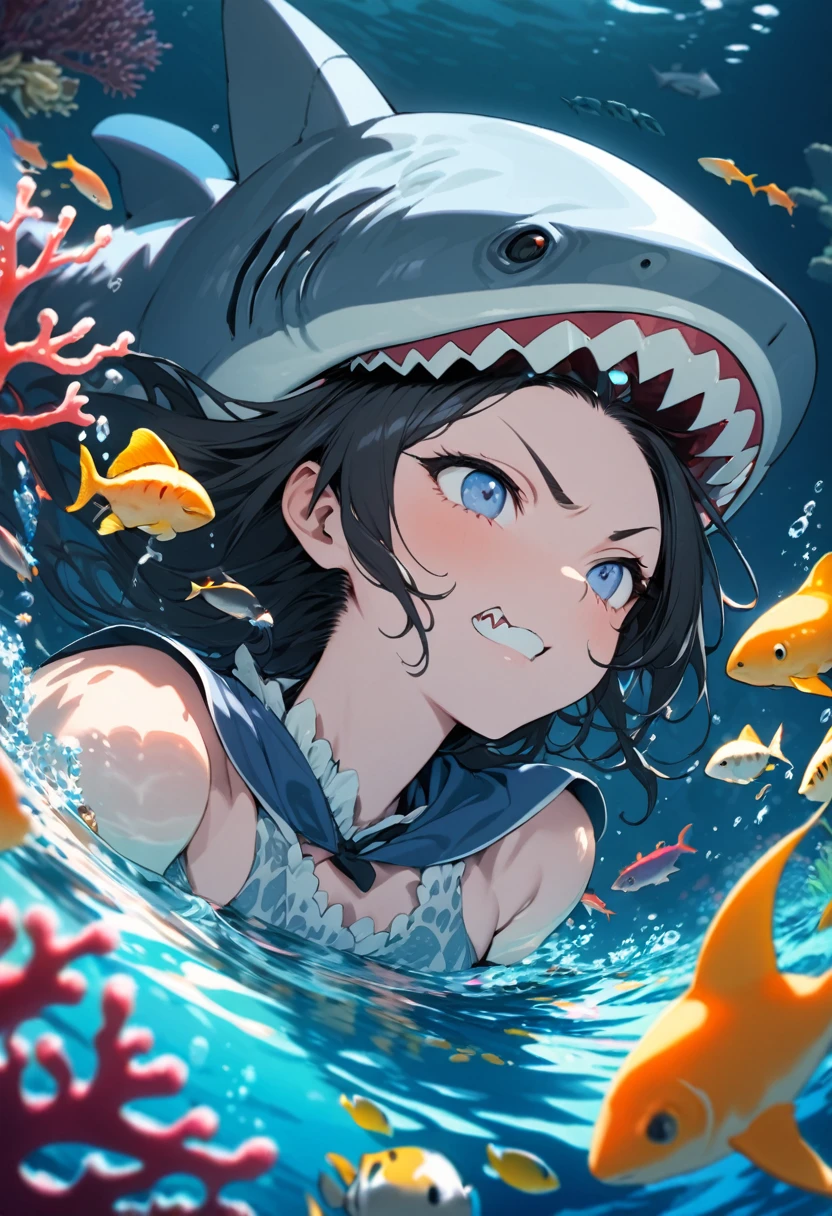 Highest quality, Super quality, 16K, Incredibly absurd, Very detailed, 2.5D, delicate and dynamic, aquarium, Large sink, Colorful Coral, Small faint light and small fish, shark, In the water, under the sea, , , , Small face, Extremely delicate facial expression, Delicate eye depiction, Upper body close-up, erotic, shark monster girl, sole sexy shark, healthy shaped body, huge firm bouncing busts, 