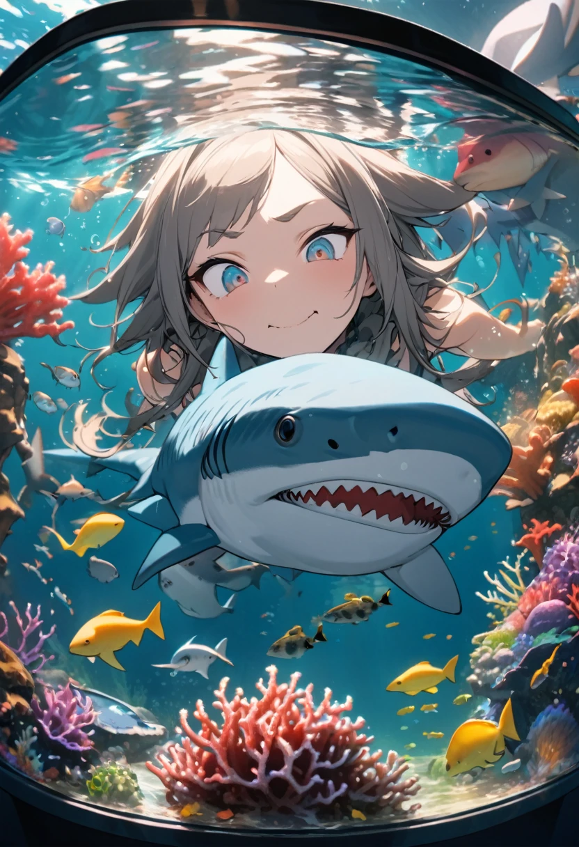 Highest quality, Super quality, 16K, Incredibly absurd, Very detailed, 2.5D, delicate and dynamic, aquarium, Large sink, Colorful Coral, Small faint light and small fish, shark, In the water, under the sea, , , , Small face, Extremely delicate facial expression, Delicate eye depiction, Upper body close-up, erotic, shark monster girl, sole sexy shark, healthy shaped body, huge firm bouncing busts,