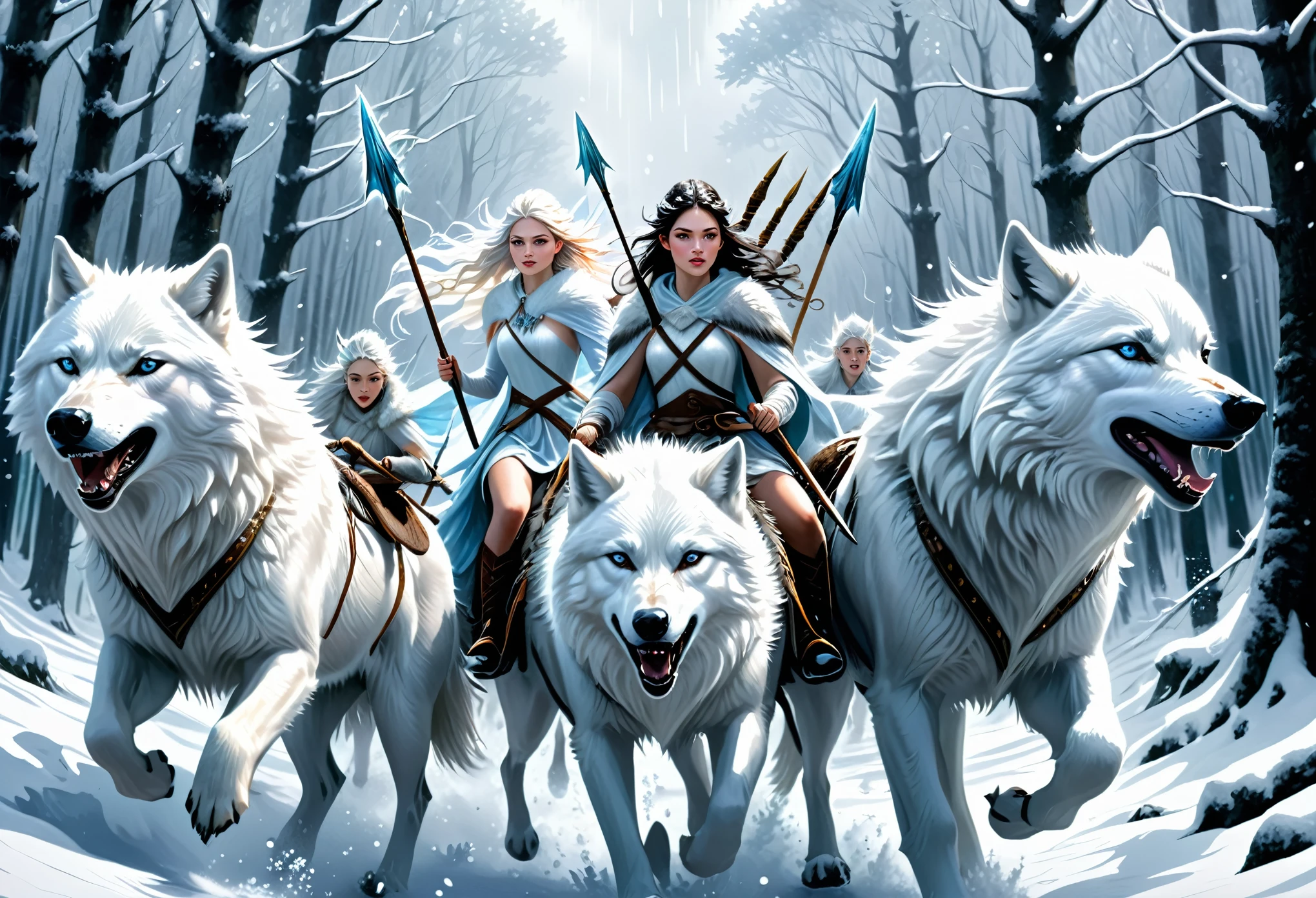 hyper-realistic digital painting, very detailed faces, fae aesthetic, ice fairies riding to war, riding on white wolves, forest scene, ((snow storm)), carrying spears