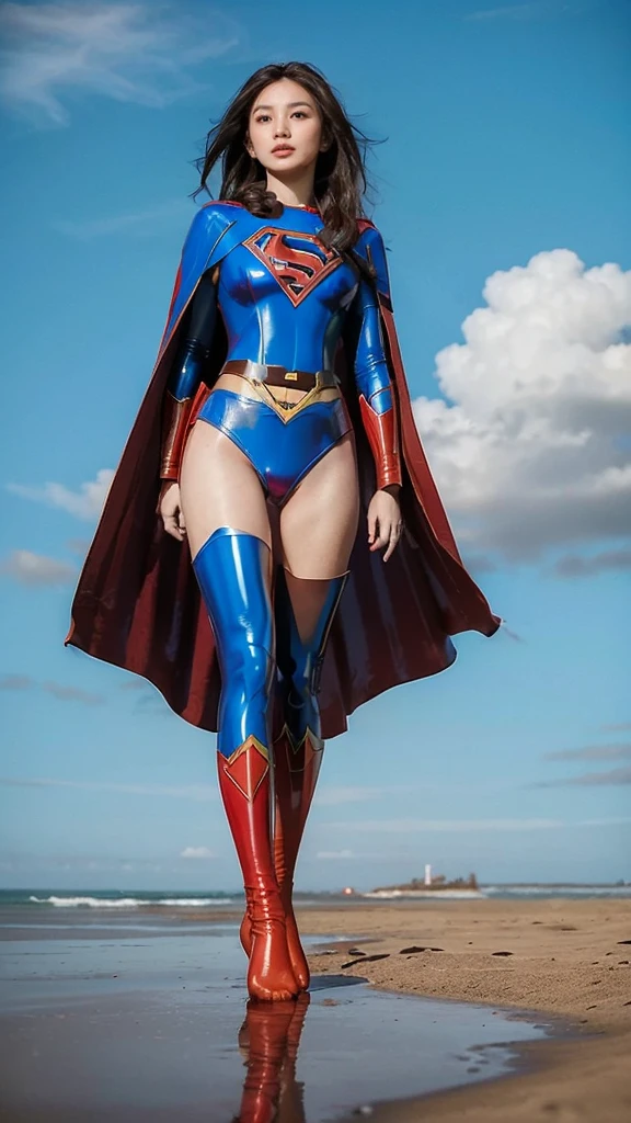 Masterpiece, best quality, realism, 1girl, full makeups, red lips, extremely beautiful, long wavy hair, hair blown by winds, realistic face and skin details, cinematic lightning, facing camera, ((Supergirl)), ((tight blue and red suit)), ((tight blue latex panties:1.3)), ((limbs armor:1.3)), ((wearing red tights on your beautiful legs:1.2)), ((Supergirl symbol)), ((cameltoe:1.4)), perfect face, proportional fit body, tall girl , (cape blown by strong winds:1.3), ((full body)), posing in the middle, symmetrical pose, ultra lights reflection, morning at the beach, from below