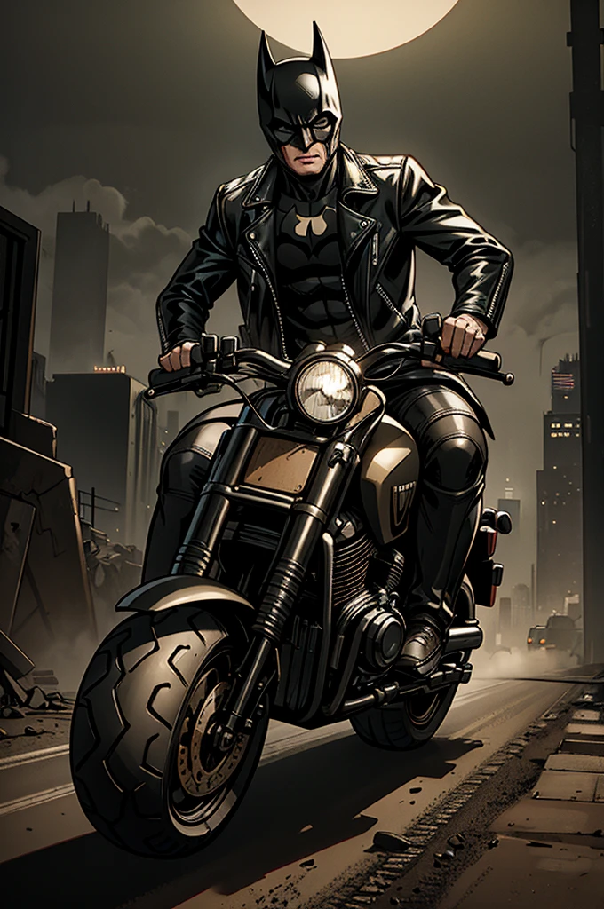 Batman, wearing a leather jacket, riding a motorcycle on a post-apocalyptic dirt road in Gotham City. Digital art, dark atmosphere, earthy tones, dynamic composition, realistic details.