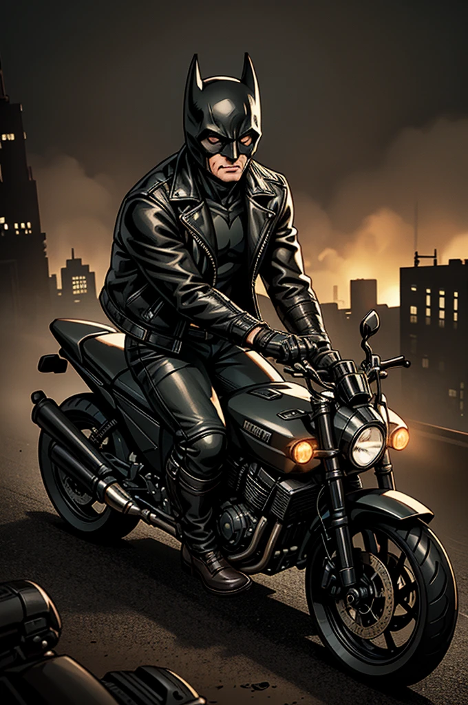 Batman, wearing a leather jacket, riding a motorcycle on a post-apocalyptic dirt road in Gotham City. Digital art, dark atmosphere, earthy tones, dynamic composition, realistic details.