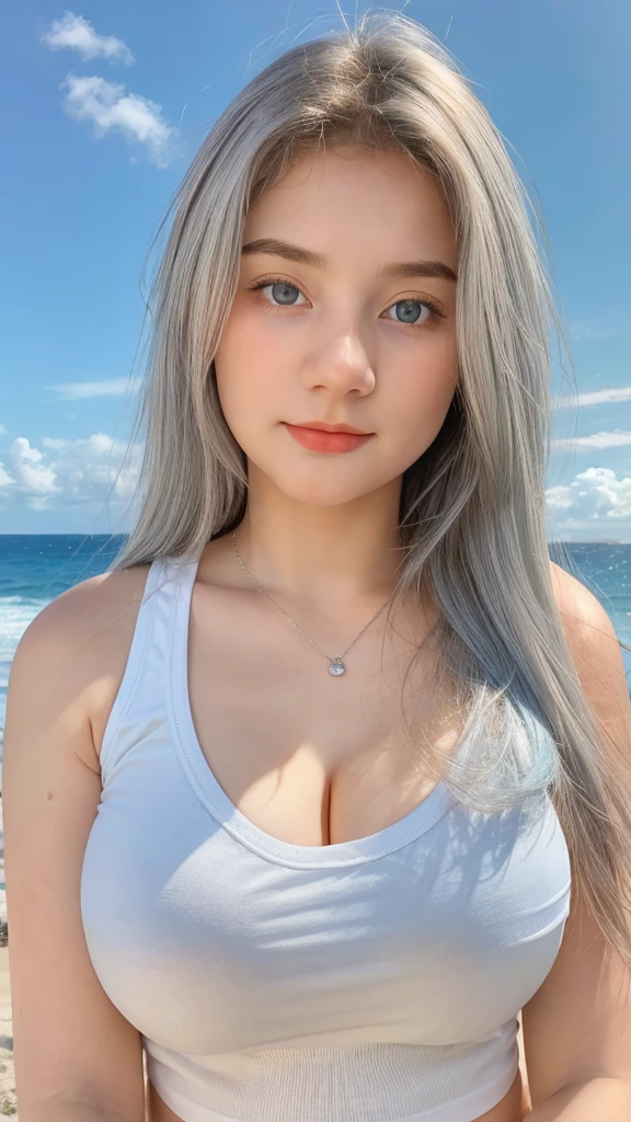 1 Girl, Beautiful, Baby Face, 20 Years Old, White Skin, Large Breasts, Sleeveless, Cleavage, White Modern Oversize T-shirt, Posing For Photos, Beautiful Blue Sea, Blue Sky, Grey Hair, Silver Straight Hair, ((adorable:1.1)), ((masterpiece:1.1)), Sleepy Cute Face