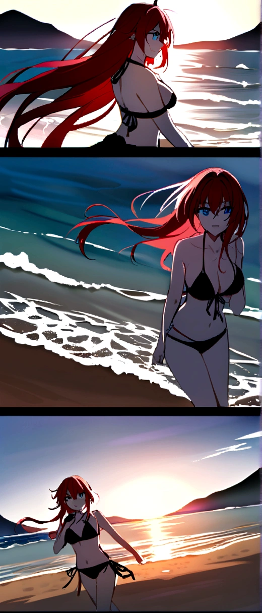 Rias Gremory red hair blue eyes wearing a bikini and on the beach
