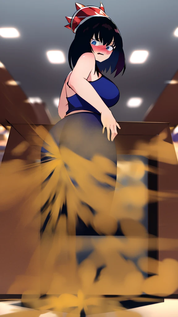 ((best quality)), ((highly detailed)), absurdres, (detailed eyes, deep eyes), (1girl), dynamic pose, black hair, large breasts, surprised, blushing, showing butt to viewer, (indoors, party) bbcchan