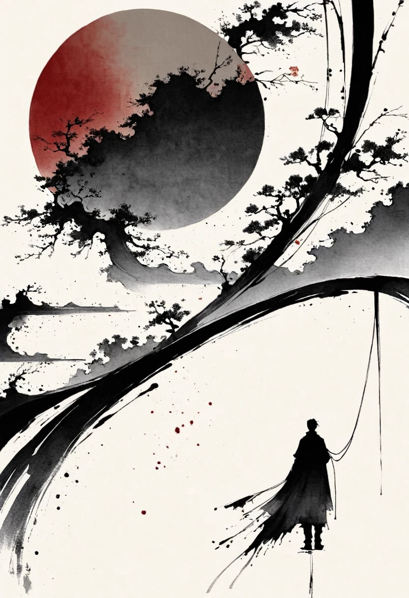 中国Ink Painting, Gray and White, Minimum, Wire, White background,The Trail, Minimalism, Wire性风格, Huge negative space, Ink Painting, Abstract,Blood-stained sunset,solitary Man