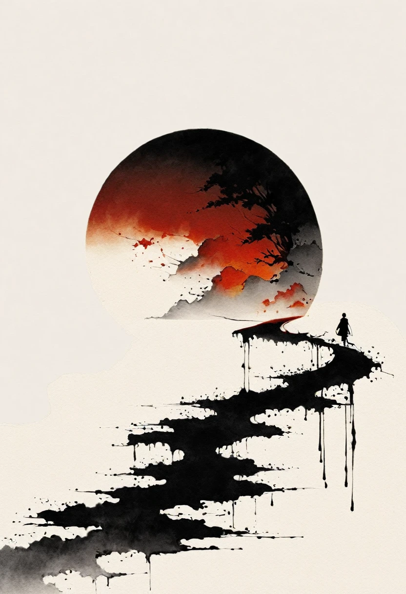 中国Ink Painting, Gray and White, Minimum, Wire, White background,The Trail, Minimalism, Wire性风格, Huge negative space, Ink Painting, Abstract,Blood-stained sunset,solitary Man