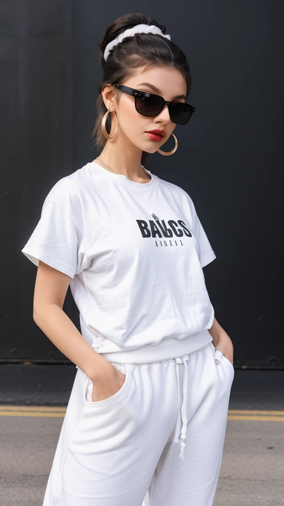 A fashionable woman standing in a city environment. She's dressed in a baggy black t-shirt with a bold white print, complemented by comfy white sweatpants and white sneakers. She wears trendy sunglasses and hoop earrings, with her hair slicked back into a bun. The scene includes a parking lot entrance with signage and a dark background.