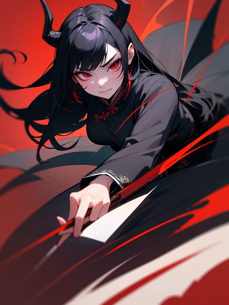 black dragon man woman,long black hair,Blood red eyes,Cunning face,beautiful figure