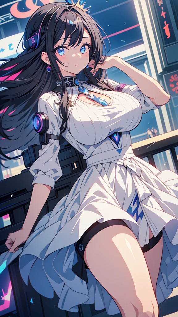 best quality, extremely detailed, anime style adult 1girl, long hair down to the waist, straight hair, ((dark black hair with bluish)),crown braid,beautiful detailed eyes, pinched eyes, dark blue eyes, huge breasts,curvy,(((white cyberpunk and magical dress))),magical girl,light smile,((amusement park)),animation cap,animated gif