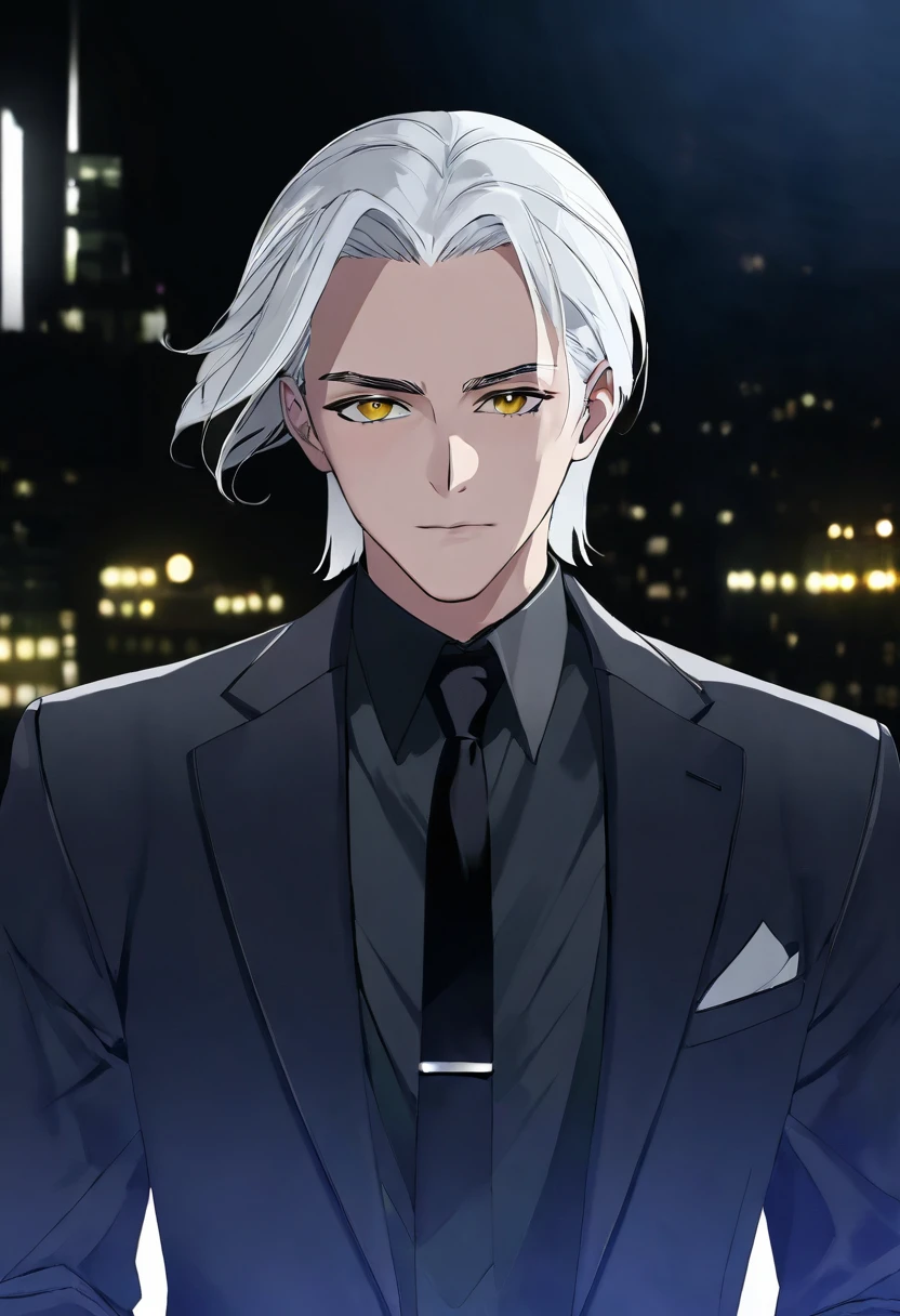 good looking, alone, 1 male, White hair with smoky grey tips, Golden Eyes, Black Shirt, suit, smoking, night, Black light