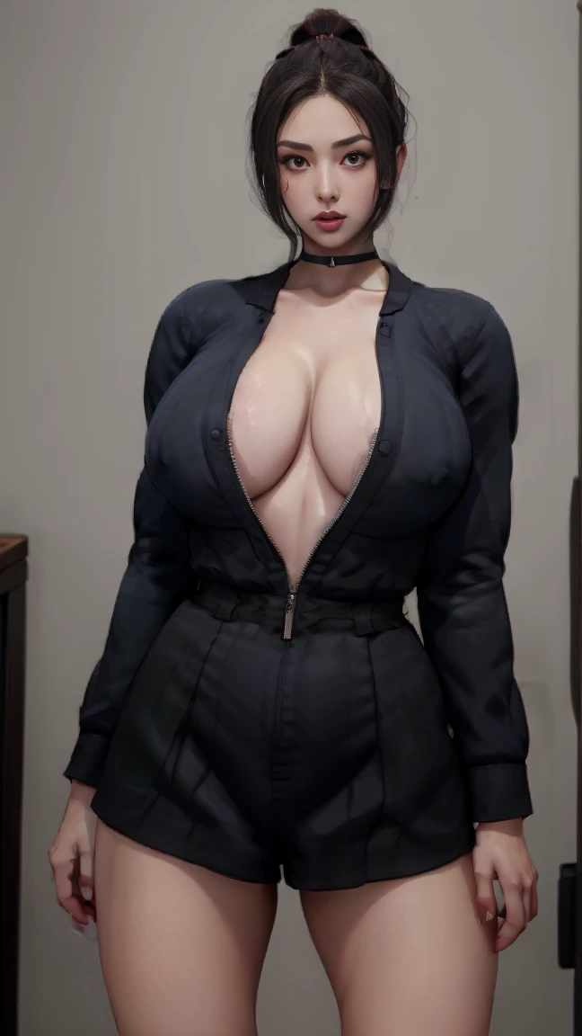 Stronger woman with breasts exposed in front, defined body perfect breasts , beautiful girl, 29-years-old, lush hair, makeup eyes, (happy, hard tits, Pico Pequeno) at the samurai temple, Wearing a white long-sleeved shirt, unbuttoned, avo, breasts showing, an explosion of sensuality, big part, boss show, boss show, boss show, pussy exposure