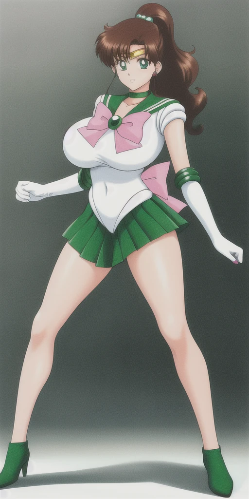 kino_makoto, huge_breasts, standing, solo, White_leotard_Green_sailor_collar_Green_miniskirt_White_gloves_Green_choker_Pink_bowtie_Pink_back_bow_Circlet_Green_brooch_Short_sleeves, masterpiece, best quality, detailed face, detailed eyes, highres, full body, hands down