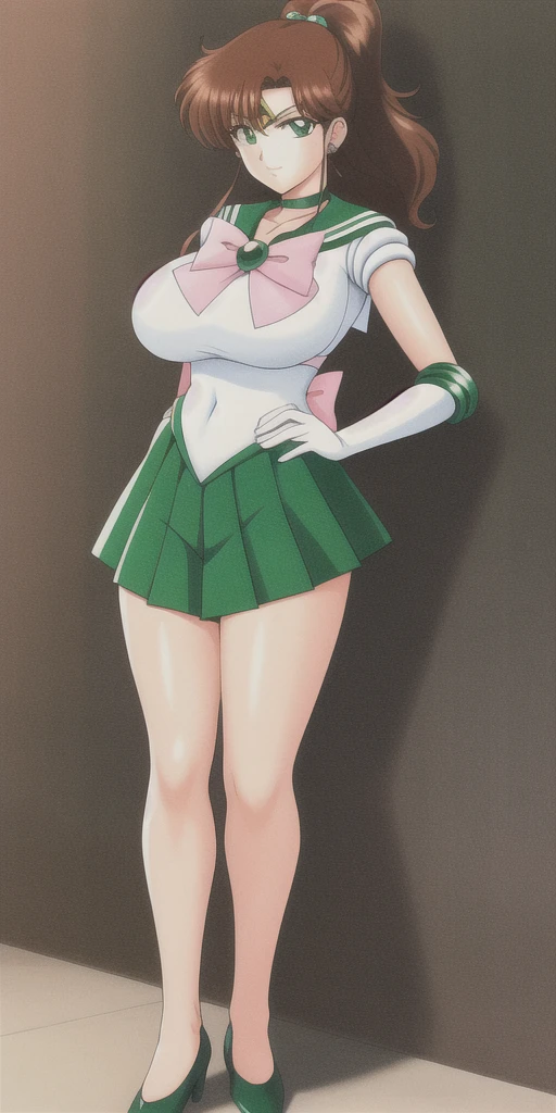 kino_makoto, huge_breasts, standing, solo, White_leotard_Green_sailor_collar_Green_miniskirt_White_gloves_Green_choker_Pink_bowtie_Pink_back_bow_Circlet_Green_brooch_Short_sleeves, masterpiece, best quality, detailed face, detailed eyes, highres, full body, hands down