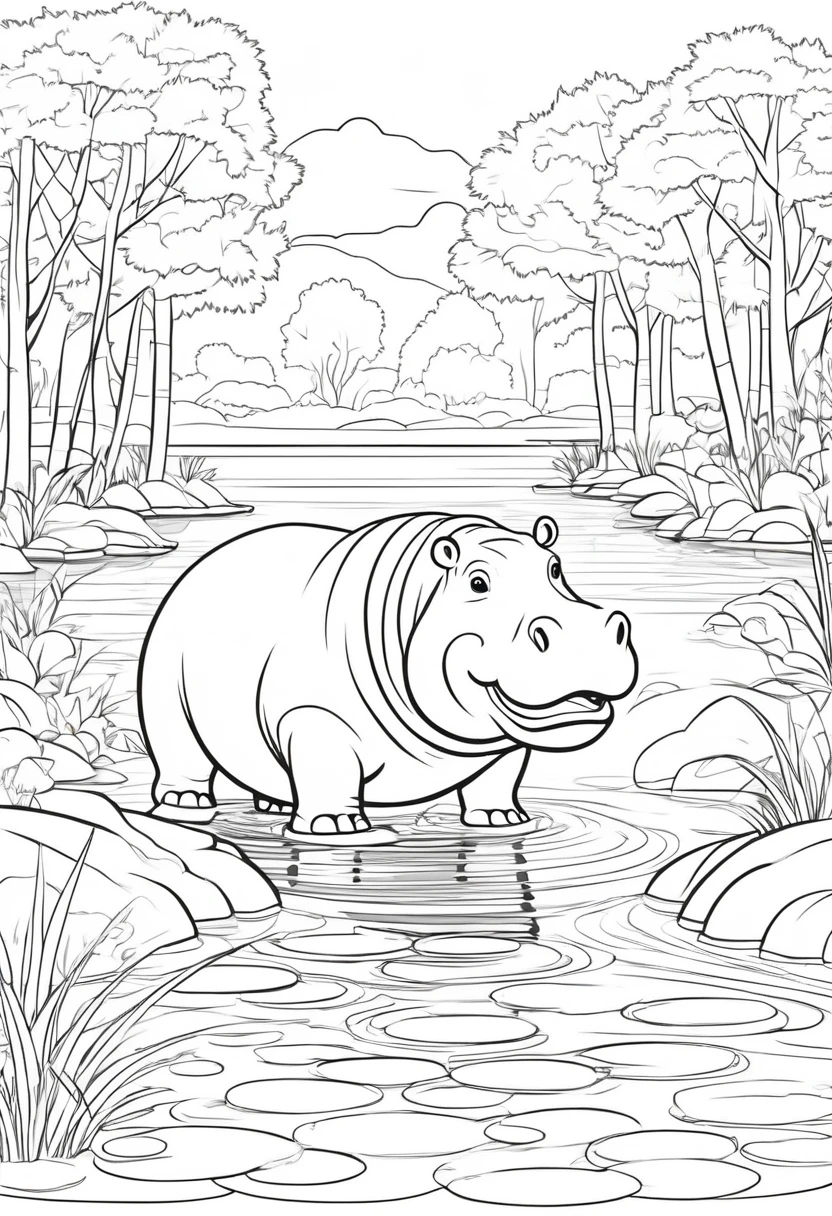 coloring page for kids, hippo in the water with trees along side on the banks of the water, cartoon style, thick lines