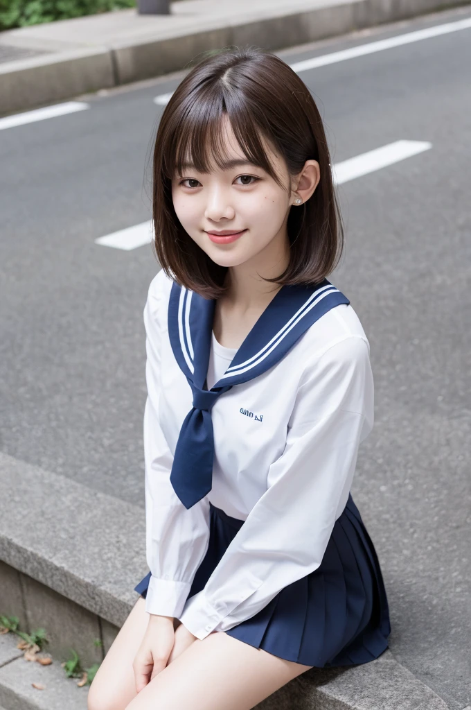 Girl selfie in Shibuya park with .,white sailor shirt,Navy blue pleated skirt,18 years,hits,a small smile,Thighs,knees,medium hair with strands, chestnut ,From above, Front light, taken with both hands and eyes closed