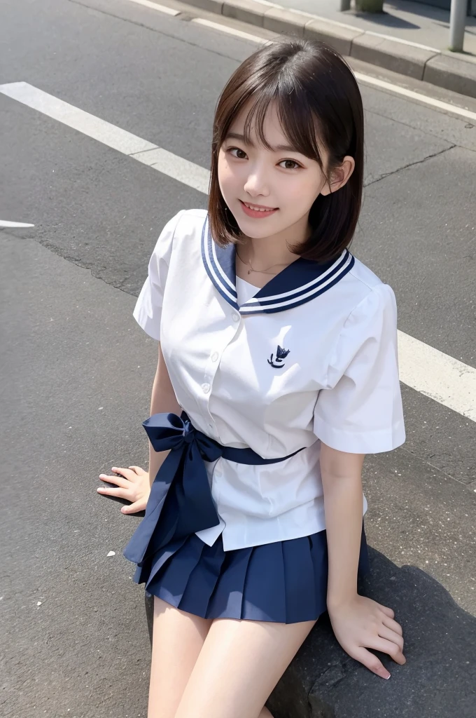 Girl selfie in Shibuya park with .,white sailor shirt,Navy blue pleated skirt,18 years,hits,a small smile,Thighs,knees,medium hair with strands, chestnut ,From above, Front light, taken with both hands and eyes closed
