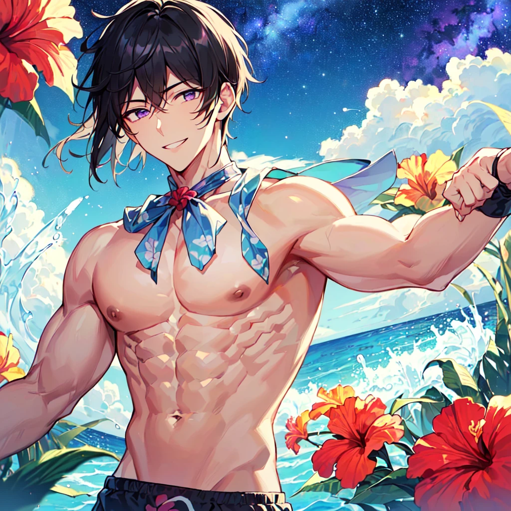 masterpiece,best quality,high quality,extremely detailed,(male austere handsome one solo adult age 30 years old:1.5),(purple eyes, cool with suspended eyes), body strong and fearless 8.5 head tall and 185cm tall,(well-groomed black hair short hair to neck:1.4), (bangs parted in thirds:1.4), (pectoral and rectus abdominis muscles:1.3), slender nose, facial muscles, (boxer sea water pants with hibiscus print:1.3), (cool smile:1.3), (playing in the sea:1.3), (stylish pose), (background tropical sea:1.3 ), (Milky Way Night Sky: 1.3), (upper body:1.3)