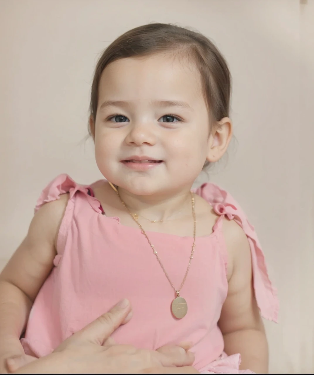 A baby wearing pink clothes and a gold necklace around his neck,Professional photography, 4k full HD, 8k ultra HD, natural skin, clear photos