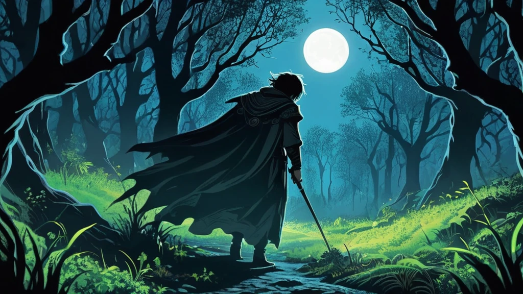 the eerie glow of the moonlight, a young boy emerges cautiously from the dense bushes. His face, partially obscured yet faintly visible, reflects a mixture of tension and determination. Sharp eyes scan the surroundings with a seriousness that belies his youthful appearance, hinting at a maturity beyond his years.

Around him, the forest floor is carpeted with fallen leaves and tall grass, bathed in the ethereal silver light of the moon. Shadows dance among ancient trees, casting elongated silhouettes that seem to shift and whisper secrets of a forgotten age.

This scene unfolds in a world steeped in medieval dark fantasy, where unseen dangers lurk amidst the foliage and the very air is heavy with the weight of ancient curses and whispered malevolence. The boy, alone yet resolute, stands as a beacon of hope or perhaps defiance against the encroaching darkness that threatens to consume this mystical realm.