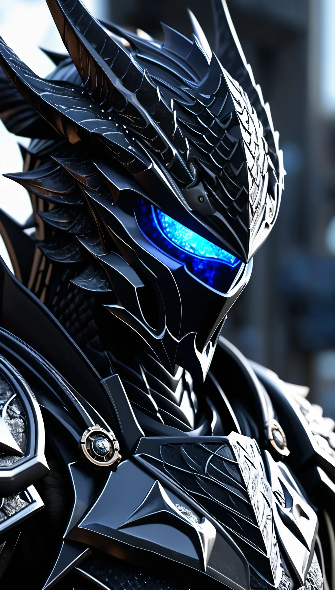 Surreal style,Pure Black Dragon Scale Armor,full black,Pure Black Dragonscale Helmet,full black,The armor has no reflective surface,(Silver long hair:1.5),Half-length close-up,(Background blur:1.5),Focus on the eyes,The pure black helmet surface presents chaotic blue starry sky shadows,Absurd portrait,Horror Monster Knight, 4k highly detailed digital art, Complex artwork. Octane Rendering, insanely detailed Octane Rendering, super detailed Octane Rendering, Unreal Engine 4K Wallpaper, Square Enix Art, amazing Octane Rendering, beautiful Octane Rendering, black Octane Rendering, Extremely detailed game art, 8k high detail concept art