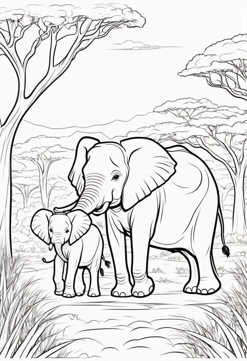 coloring page for kids, baby Elephant with mother roaming the plains of african with lots of bushes and big trees, cartoon style, thick lines