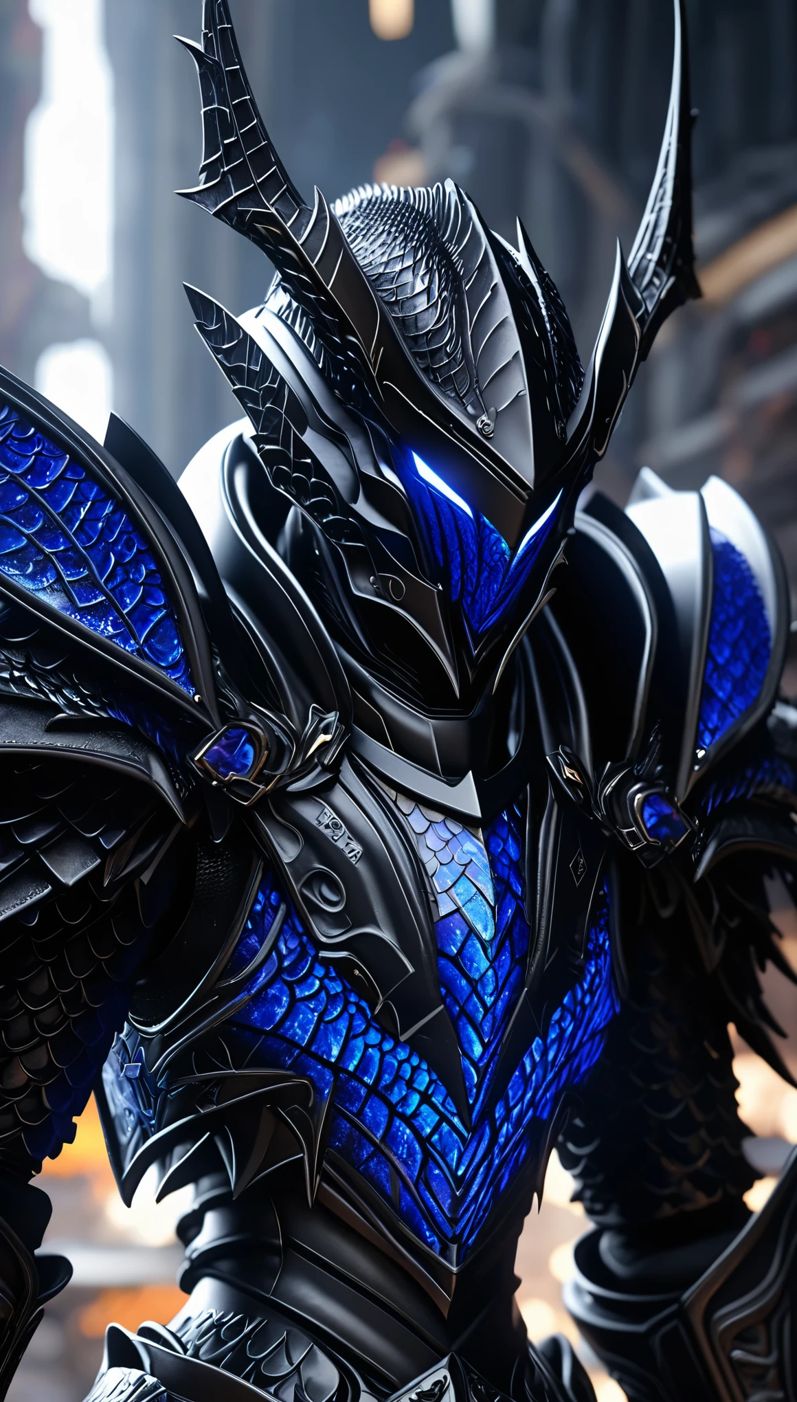 Surreal style,Pure Black Dragon Scale Armor,full black,Pure Black Dragonscale Helmet,full black,The armor has no reflective surface,(Silver long hair:1.5),Half-length close-up,(Background blur:1.5),Focus on the eyes,The pure black helmet surface presents chaotic blue starry sky shadows,Absurd portrait,Horror Monster Knight, 4k highly detailed digital art, Complex artwork. Octane Rendering, insanely detailed Octane Rendering, super detailed Octane Rendering, Unreal Engine 4K Wallpaper, Square Enix Art, amazing Octane Rendering, beautiful Octane Rendering, black Octane Rendering, Extremely detailed game art, 8k high detail concept art
