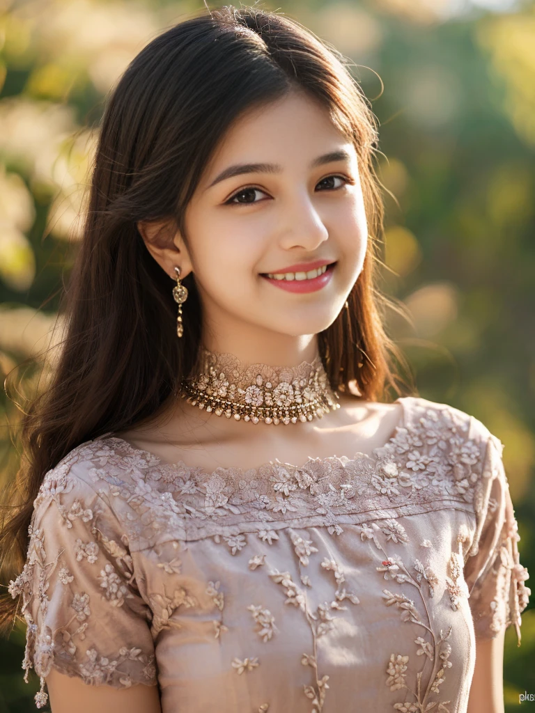 ultra high detailed, an indian girl, cute smile realistic face, happy, long hair, impressive hairstyle, detailed eyes, detailed lips, indian clothes, cherry red dress, lace, wearing jewellery, nature background, flowers, afternoon, shadow, clear weather, whole body capture,noch slim image long