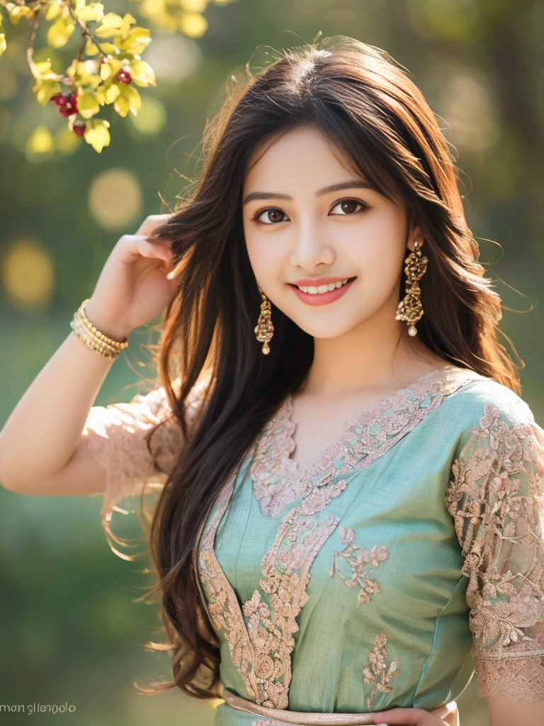 ultra high detailed, an indian girl, cute smile realistic face, happy, long hair, impressive hairstyle, detailed eyes, detailed lips, indian clothes,  cherry red dress, lace, wearing jewellery, nature background, flowers, afternoon, shadow, clear weather, whole body capture,noch slim image long