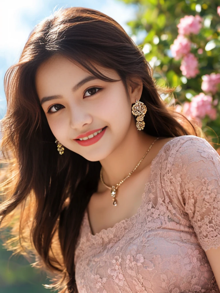 ultra high detailed, an indian girl, cute smile realistic face, happy, long hair, impressive hairstyle, detailed eyes, detailed lips, indian clothes, cherry red dress, lace, wearing jewellery, nature background, flowers, afternoon, shadow, clear weather, whole body capture,noch slim image long