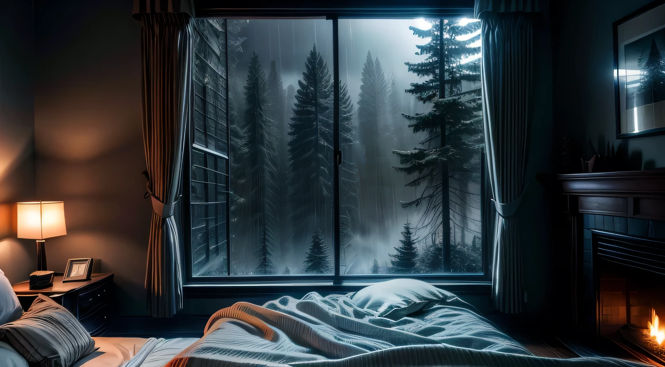 night, bedroom, fireplace, blanket on big bed, tall trees outside large window, tilted angle of window, dark sky, rainstorm, wind howling, fog, cinematic perspective, 8K, photography, high detail, details, high quality shadows, realism