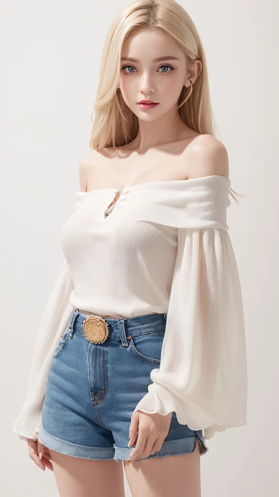 (((Off-the-shoulder blouse with sleeves、Shorts、White background、Cowboy Shot、forehead)))、forehead、Northern Europe、Russia、beautiful girl、Platinum Blonde Hair、Straight long hair、Big blue eyes、Northern Europeの若者、Glowing Skin、Young and beautiful skin、A perfect and beautiful little face、Bright makeup、Pale pink lips、Bright expression、lipstick、Golden Hour Lighting、Movie Light、Intricate details、High resolution、 Detailed features of the face design、Big Breasts
