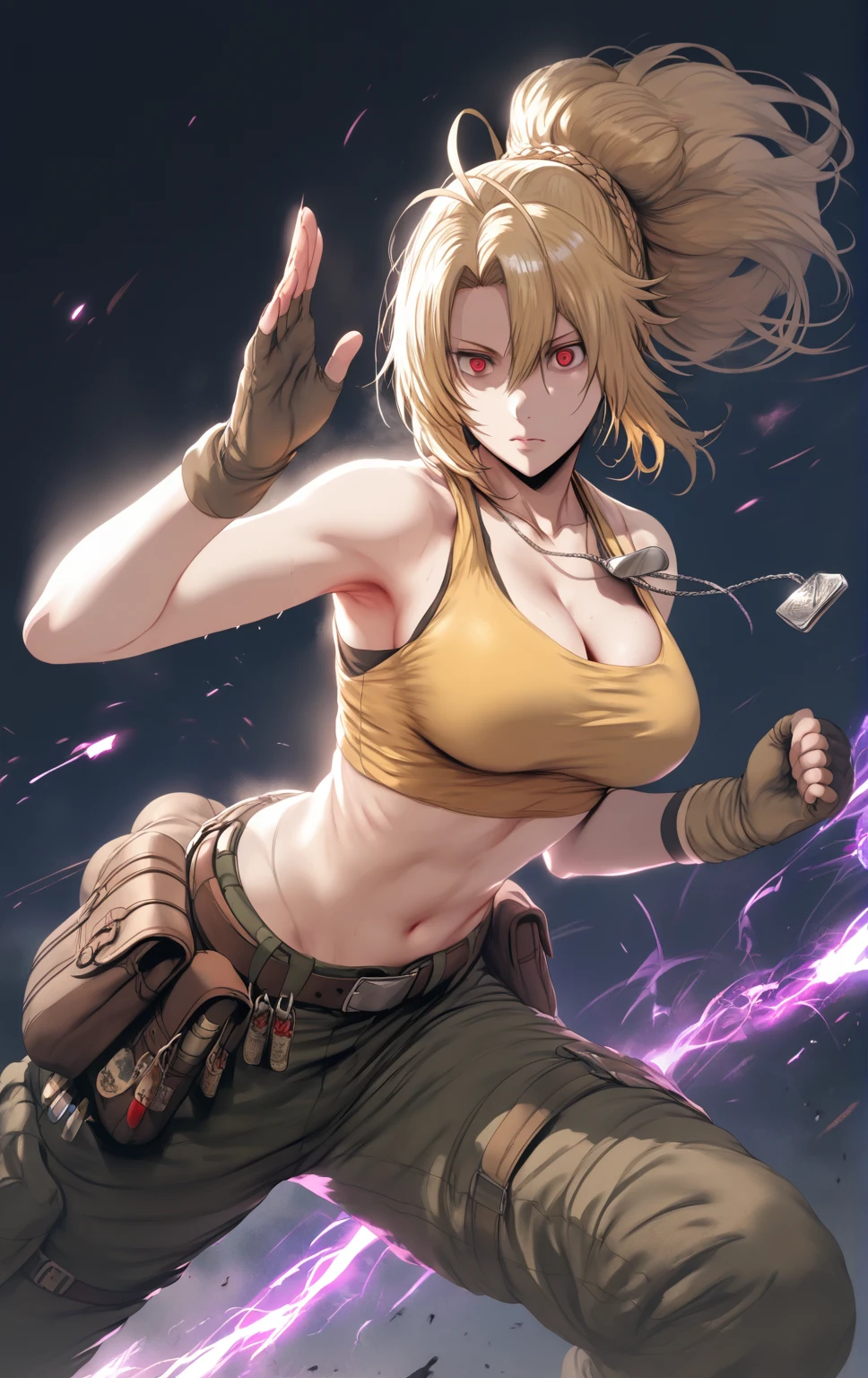 hews art style, score_9, score_8_up, score_7_up, score_6_up, uncensored, Angelica, blonde hair, braid, red eyes, BREAK (masterpiece:1.2), best quality, high resolution, (detailed eyes:1.3), perfect lighting, (perfect hands, perfect anatomy), large breasts, rating:safe, 1girl, gloves, solo, breasts, dog_tags, pants, belt, cleavage, navel, fighting_stance, midriff, military, crop_top, ribbon, looking_at_viewer, hollow eyes, expressionless, 