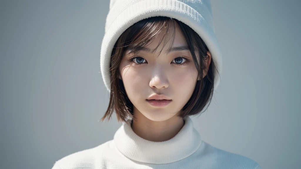 Hyperrealistic portrait of a young Japanese woman in her early 20s, (8k resolution:1.2), (photorealistic:1.3), (ultra-detailed:1.2), perfect facial features, flawless skin, natural makeup, short straight hair, wearing a white knit hat and a white jacket, standing indoors against a simple background, soft natural lighting, shallow depth of field, shot on Canon EOS R5, 85mm f/1.4 lens, magazine cover quality, minimalist fashion editorial style, neutral colors, high contrast, sharp focus on eyes, elegant and relaxed expression, high-end production value, retouched by industry professionals, lifelike textures, natural skin tones, perfect composition, model-like proportions, commercial appeal.