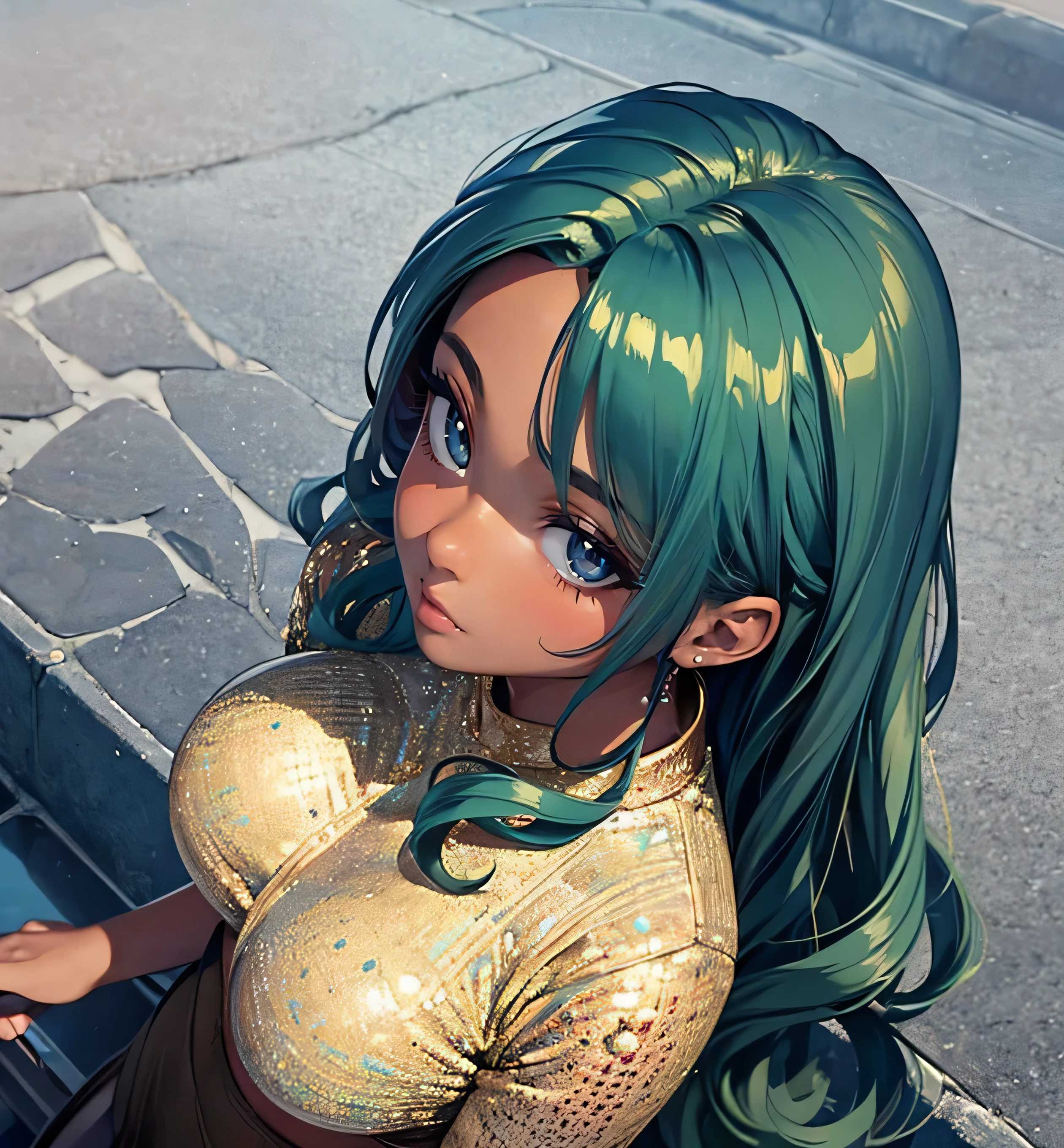 (masterpiece, best quality:1.3), (from above:1.3), perfect face, expressive eyes, 1girl, looking at viewer, 19 years old, (slim body, large breast) triple D cup breasts, bubbly ass, round buttocks,beautiful face,solo,, dark skin, green hair, long curly hair 