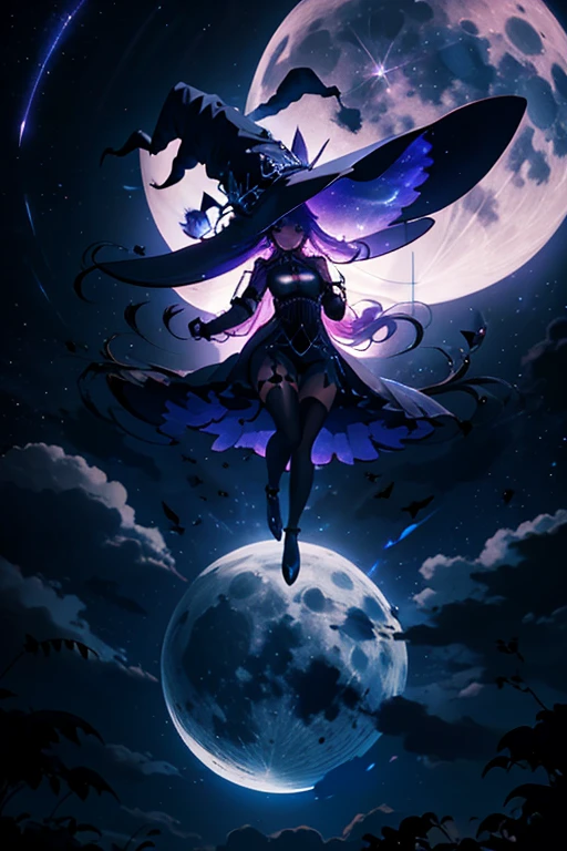 silhouette of a witch riding on her broom into the night sky with full moon, c4d, dreamy and optimistic, vibrant sky