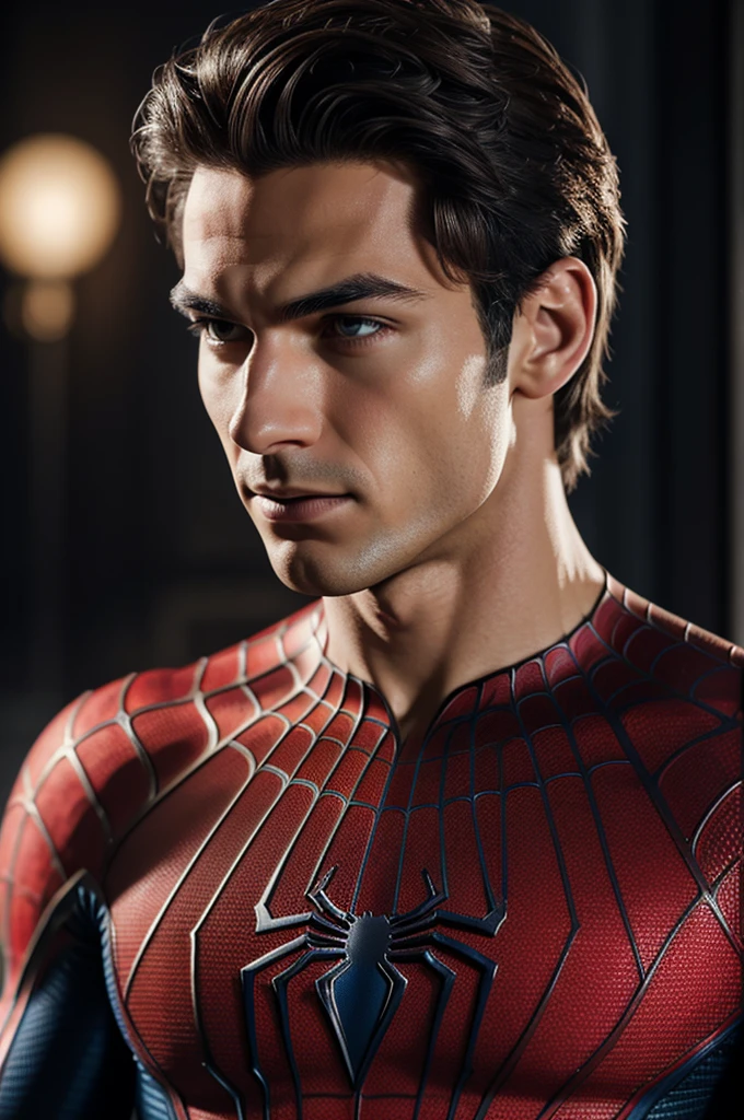 A photograph of Spider-Man., sin mascara, the 20s, elegant, detailed face, looking to the camera, portrait, 8k hd, high quality