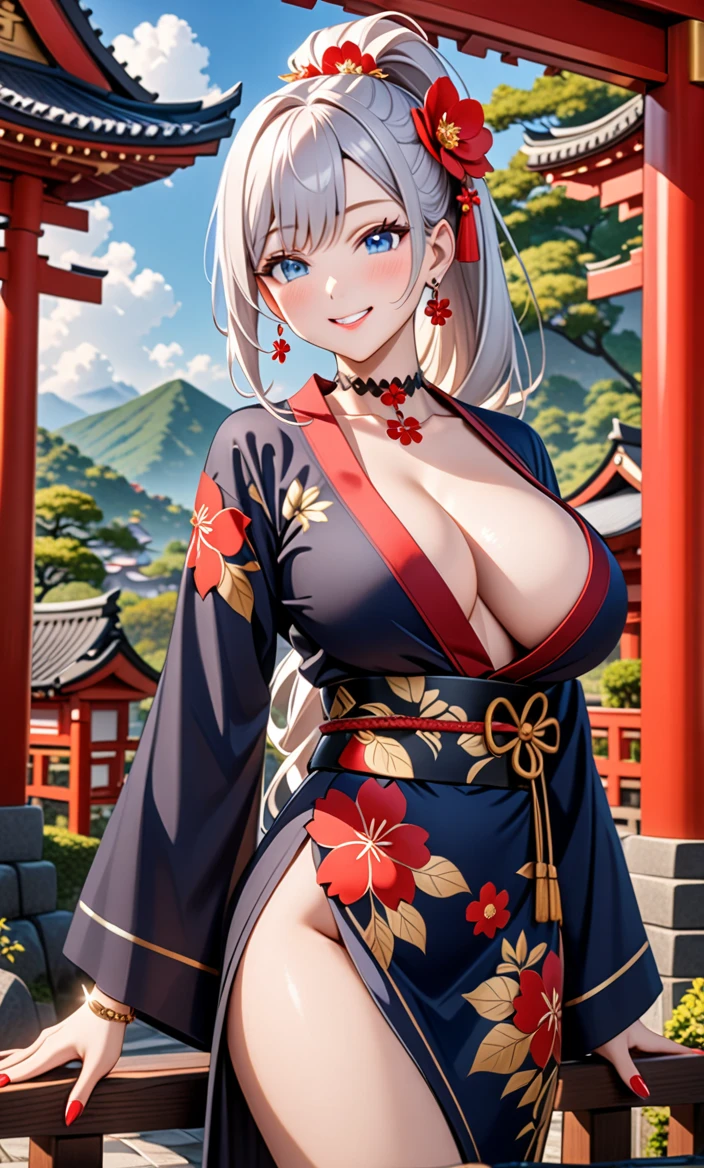 ultra-detailed, ((one girl)), hyper detailed, absurdres, 8K,Cute face, (Laugh shyly), ((teasing smile:1.8)), ((Wink:1.7)), (Laugh with your mouth wide open:1.3),(Tilt your head:1.3), (Doing sexy poses:1.3), View your viewers, ((Bright red cheeks:1.6)),Glossy Red Lips, ((Big Breasts:1.5)) (valley), night, Shrines in the countryside, (Brighten your face), ((Anime style background)),masterpiece, Highest quality, so beautiful,Latest, Complex details, (Pink long nails), (nail art), (ring),(bracelet), (Floral Choker),AI-generated, Complex,High resolution, Highest quality, super high quality,3D Images、3D Images,One person,Long white hair,(High Ponytail), Anime woman posing for a photo, ((Fine grain, pale blue eyes:1.2)), ((glowing eyes:1.4)), (Squint your eyes:1.1),a hyperRealistic , hyperRealistic , Realistic,Anime woman with long white hair, Smooth anime CG art, With gold embroidery、A girl in a gorgeous kimono, ((Black long sleeve kimono:1.5)),((Red large floral pattern)) ,Long flower hair ornament,Floral Earrings,Mature Body,tall,Abdominal muscles,Narrow waist,((arched back:1.9)),(front view),