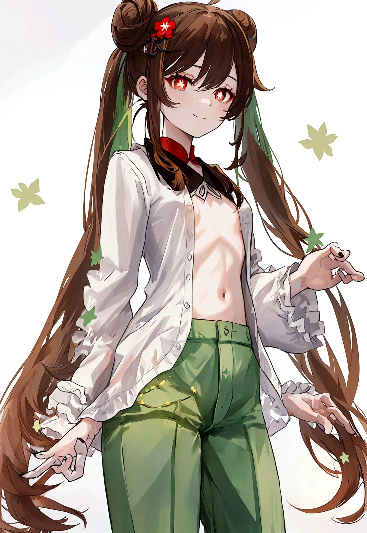 (by ikky:0.9), hutao \(genshin impact\), (cowboy shot), (anime style), (fantasy theme), (in a room, night), ((white background, all white background)), (looking at viewer, hand on hair, making a bun), (gentle smile, warm and inviting), (brown hair, small breasts, black nails), (twintails, red eyes with white flower in pupils), (wearing light green nighty shirt and light green pants with many small stars, moons, and satellites), (pretty open shirt), (cozy and intimate setting, soft lighting), (delicate features highlighted, intricate designs on pajamas), (beautiful color, detailed, aesthetic), (amazing quality: 1.4)