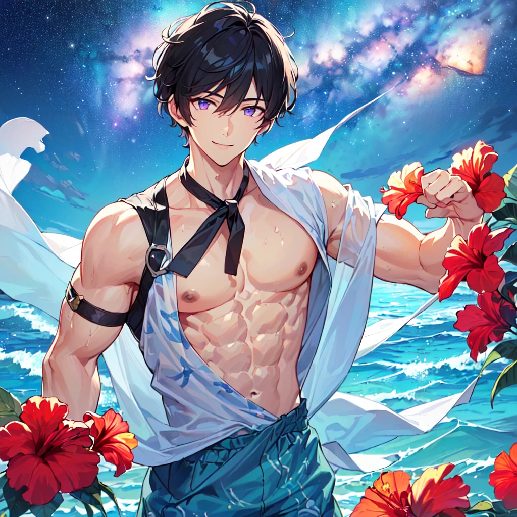 masterpiece,best quality,high quality,extremely detailed,(male austere handsome one solo adult age 30 years old:1.5),(purple eyes, cool with suspended eyes), body strong and fearless 8.5 head tall and 185cm tall,(well-groomed black hair short hair to neck:1.4), (bangs parted in thirds:1.4), (pectoral and rectus abdominis muscles:1.3), slender nose, facial muscles, (boxer sea water pants with hibiscus print:1.3), (cool smile:1.3), (playing in the sea:1.3), (stylish pose), (background tropical sea:1.3 ), (Milky Way Night Sky: 1.3), (upper body:1.3)