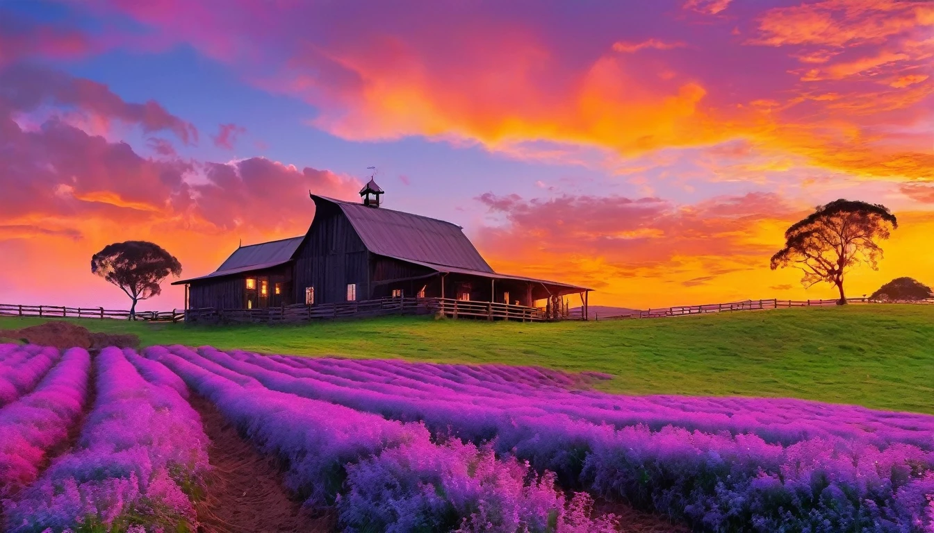 A beautiful Brazilian farm at sunset, with vibrant and soft colors reminiscent of 'Star Wars: The Force Awakens' poster. The sky painted in hues of orange, pink, and purple, casting a warm glow over the vast farmland. The silhouette of a traditional farmhouse, with rustic wooden fences and a few grazing cattle. The scene is peaceful and nostalgic, capturing the essence of a tranquil evening in the countryside. Elements of sci-fi subtly blended into the natural landscape, inspired by the visual aesthetics of Star Wars, particularly the serene yet otherworldly atmosphere. The image should evoke a sense of homage and remembrance, reflecting the legacy of a beloved farmer.
