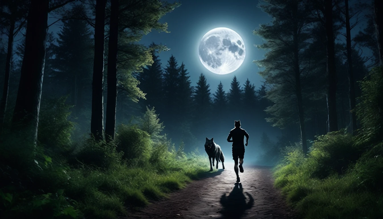 An image The full moon shone between the treetops, casting sinister shadows across the path. Image of a person running alone,and the werewolf behind, only the sounds of nature accompanied me. , PICTURE REALISTIC, high resolution, 8K